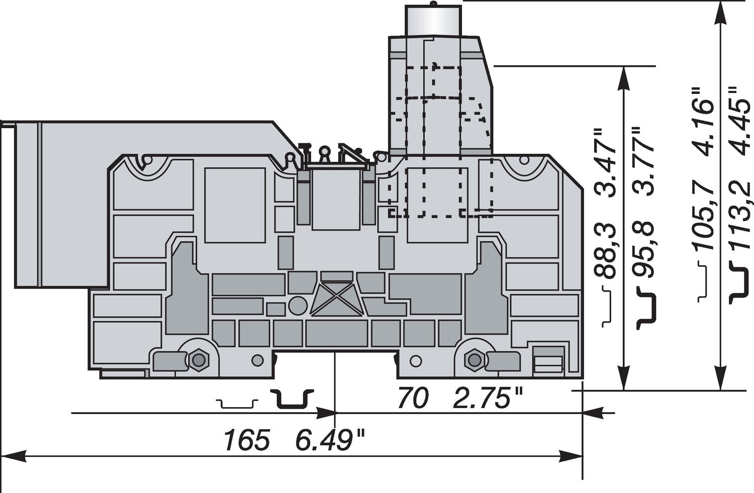 Illustration on power cable block with bistabile foot and bottom mountable