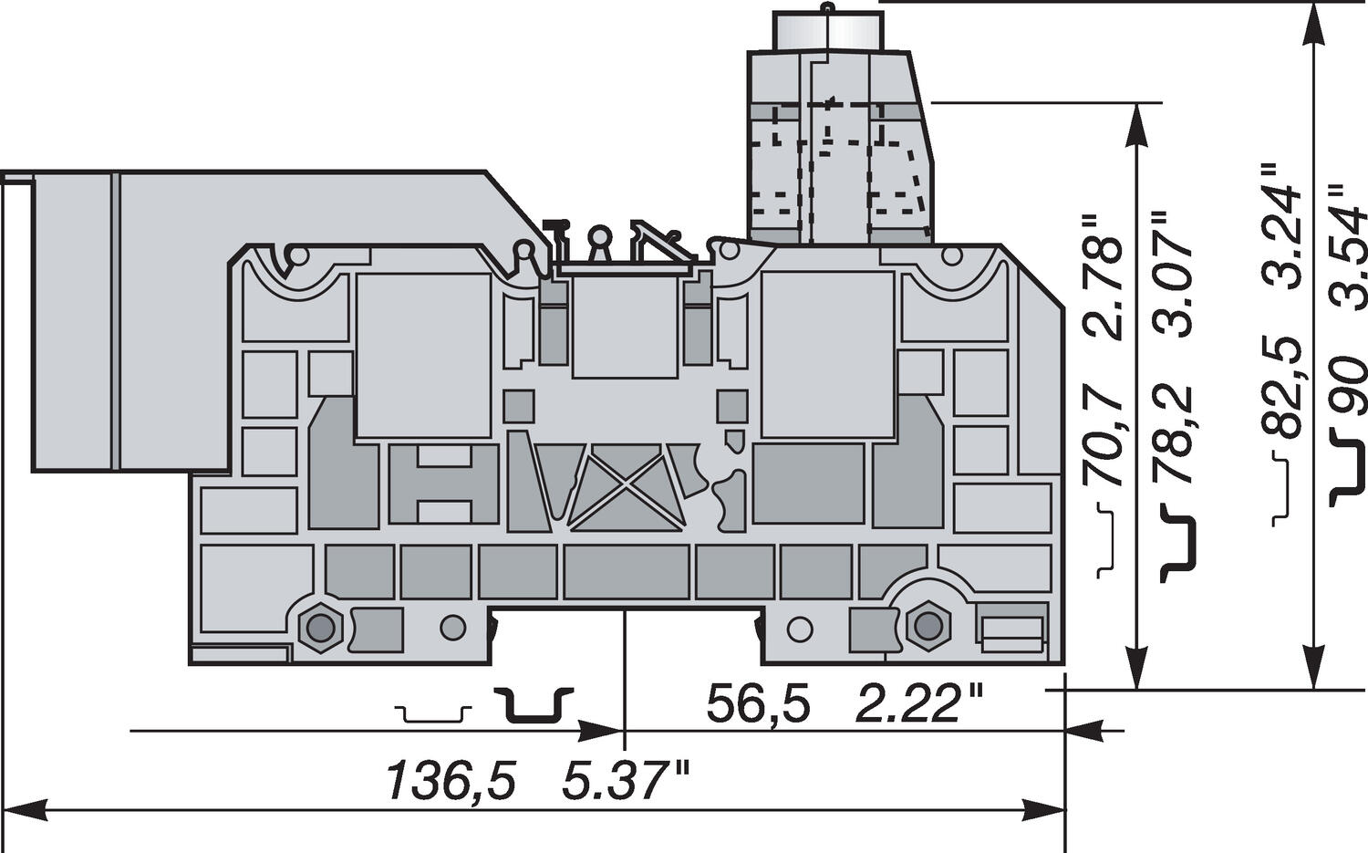 Illustration on power cable block with bistable foot and bottom mountable