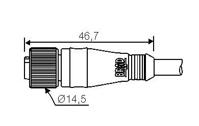 M12, fully groated cabel, angled female, dimensions